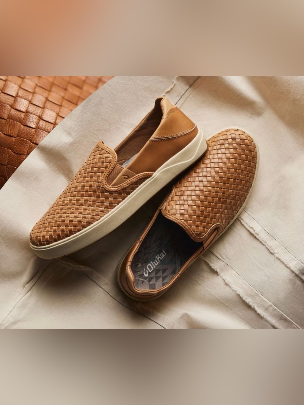 OluKai Men’s Woven leather Slip-On Sneakers - Cognac - Picture 12 of 12